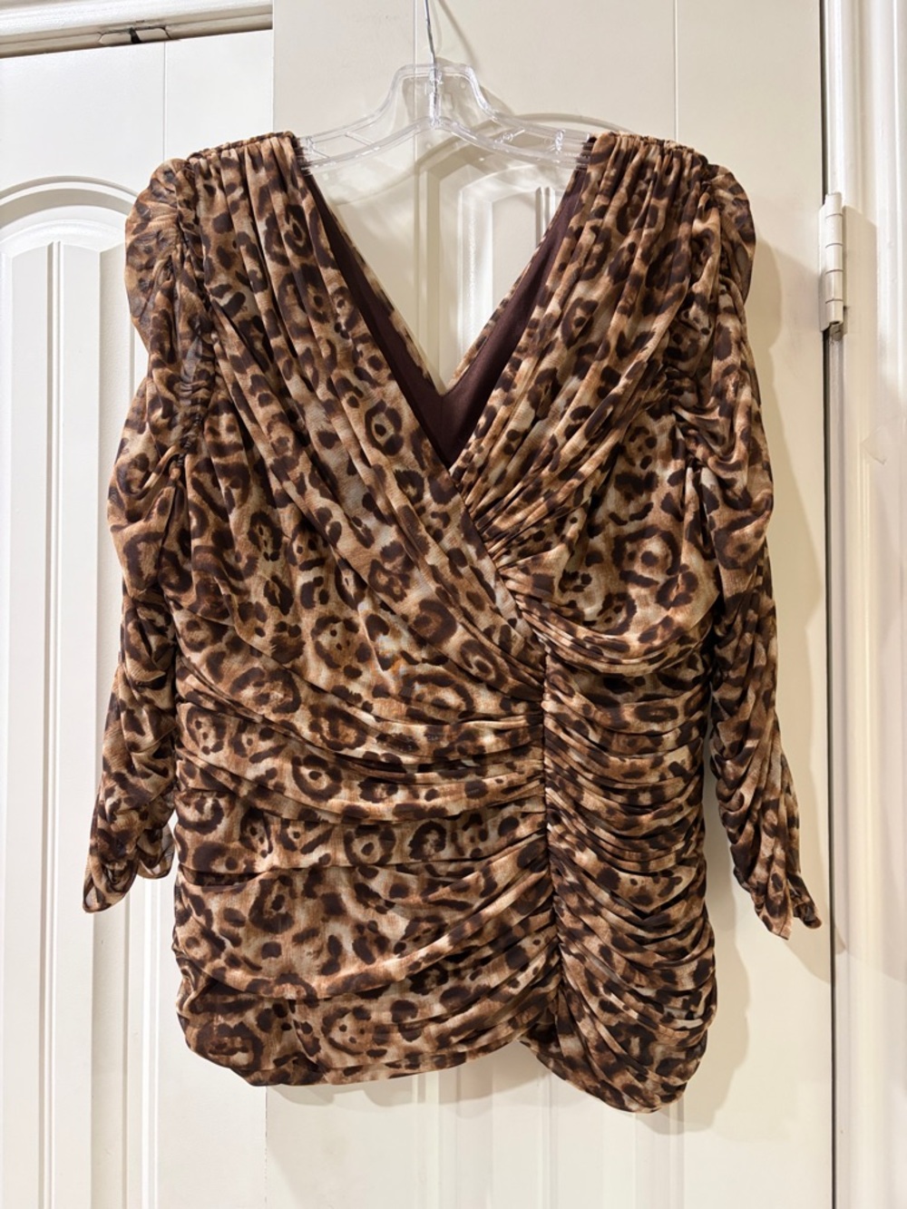 Joseph Ribkoff Leopard Print Ruched V-Neck Top - Brown & Tan